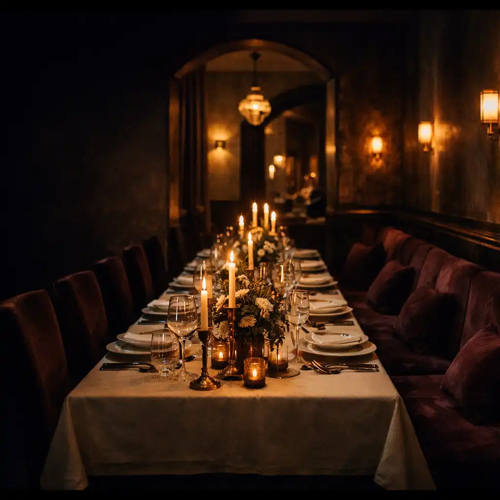 Stilvoll gedeckter Tisch in einem warm beleuchteten Restaurant für einen privaten Abend