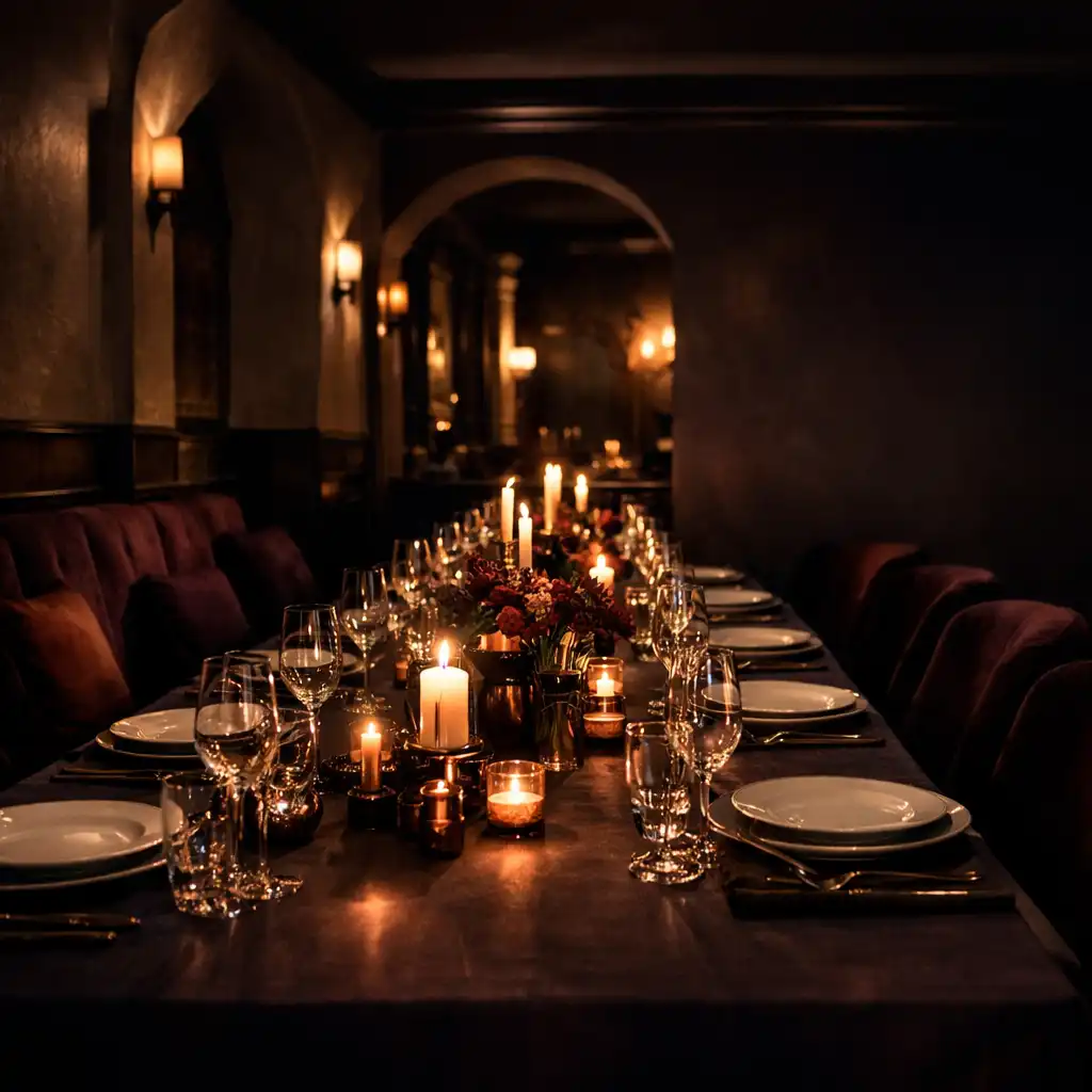 Lange, warm gedeckte Tafel in einem dunklen, eleganten Restaurantraum