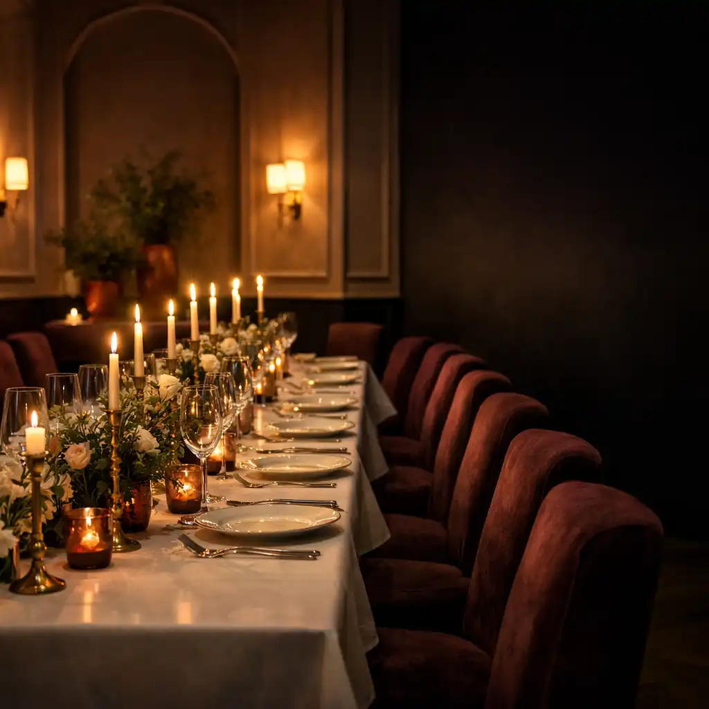Vorbereiteter Tisch in einem eleganten Restaurant mit warmem Kerzenlicht und dunklen Samttexturen