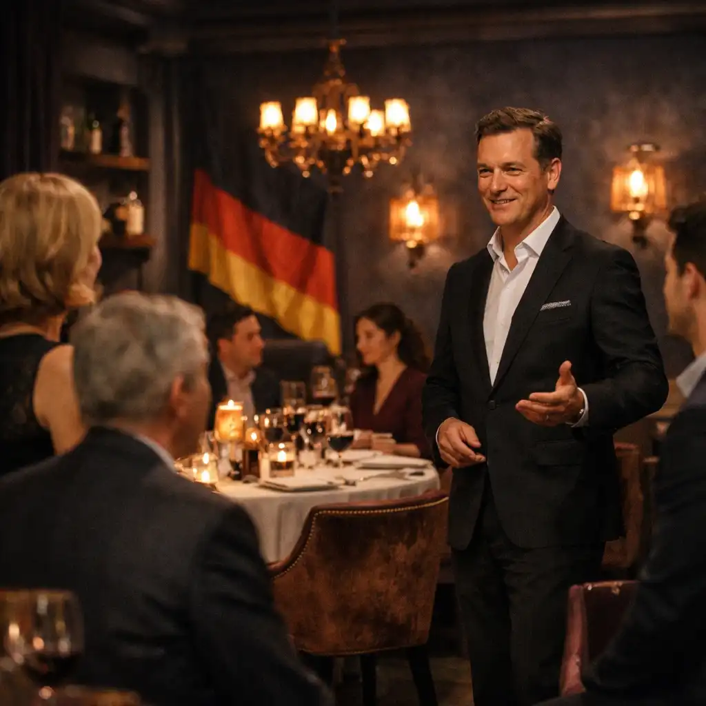 Professioneller Host begrüßt Gäste in einem warm beleuchteten Restaurant