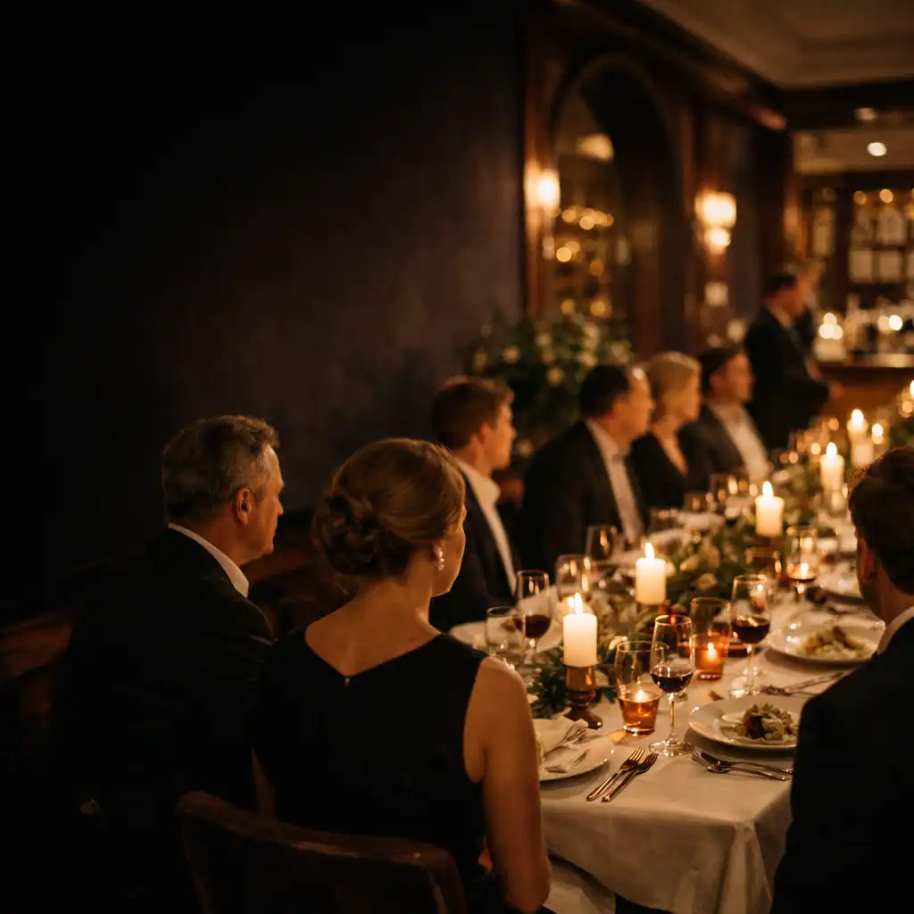 Stilvoll gedeckte Abendtafel für ein Firmenevent in einem warm beleuchteten Restaurant