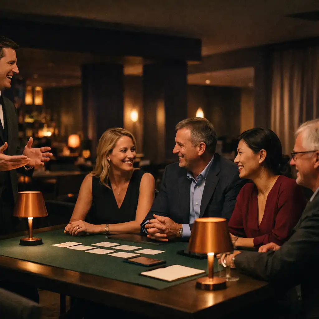 Kleine Gruppe erlebt eine moderierte Tischaktivität in eleganter Restaurantatmosphäre