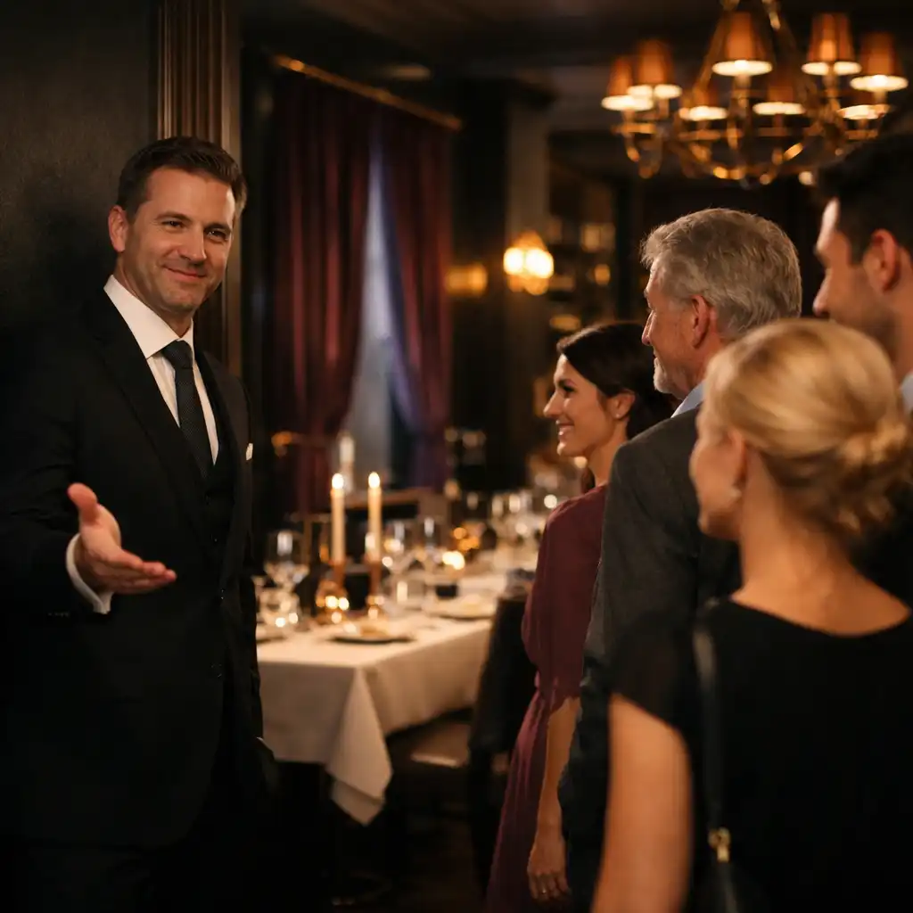 Professioneller Gastgeber begrüßt Gäste bei einem eleganten privaten Dinner
