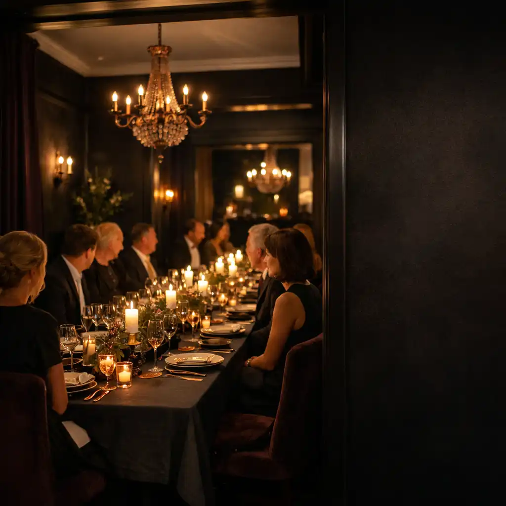 Vorbereiteter Tisch für eine intime private Feier in einem eleganten Restaurant-Salon.