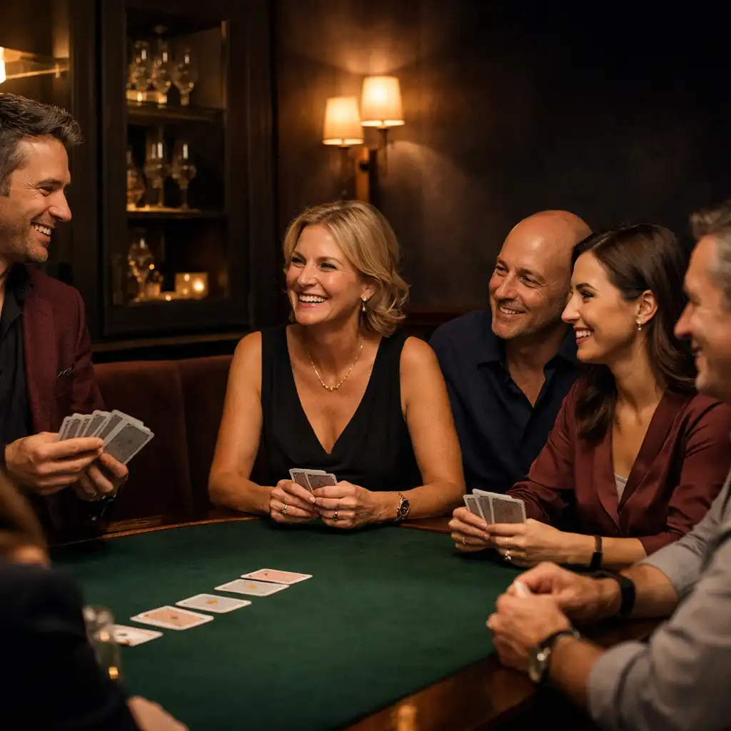 Erwachsene Gäste erleben eine moderierte, poker-inspirierte und nicht-monetäre Unterhaltung an einem Tisch.