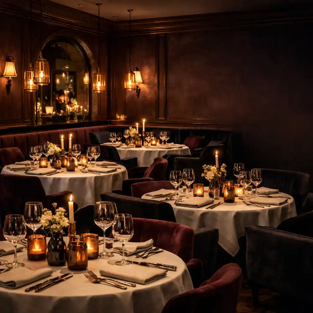 Stimmungsvoll vorbereiteter Restaurant-Salon mit gedeckten Tischen und warmem Abendlicht