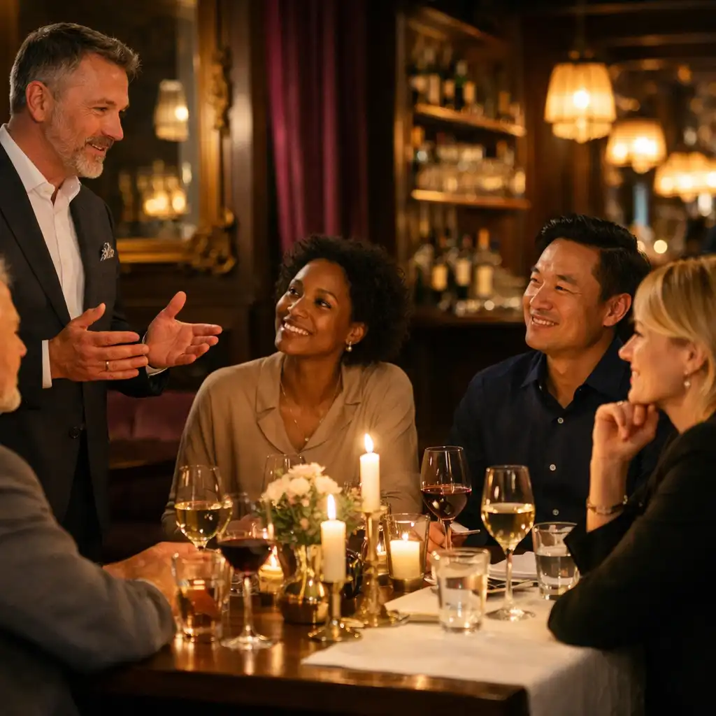 Kolleginnen und Kollegen im Gespräch an einer warm beleuchteten Restauranttafel mit Gastgeberin